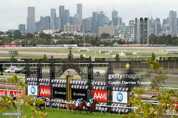 Daniel Stackhouse riding Crosshaven crosses the line to win race 1 the Network 10 Carbine Club Stakes during 2020 AAMI Victoria Derby Day at...