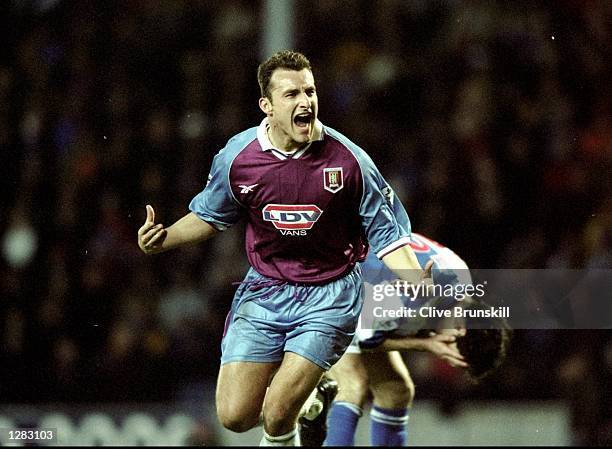 Riccardo Scimeca of Aston Villa celebrates his goal against Blackburn Rovers in the FA Carling Premiership match at Ewood Park in Blackburn, England....