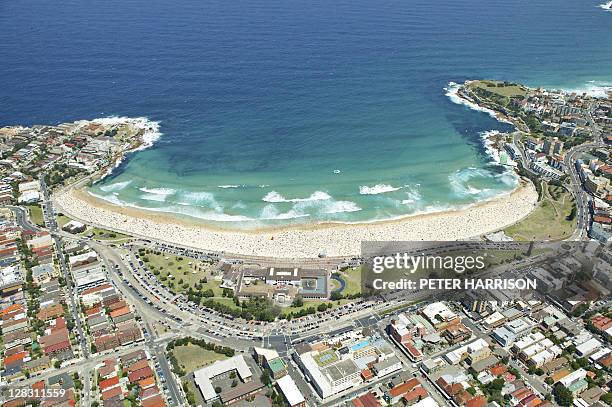 aerial view of bondi beach, nsw, australia - bondi beach sydney stock pictures, royalty-free photos & images