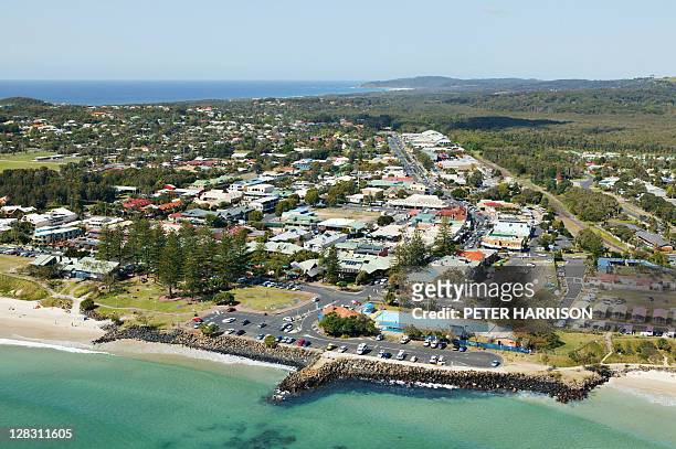 aerial view of byron bay city, nsw, australia - regional new south wales stock pictures, royalty-free photos & images