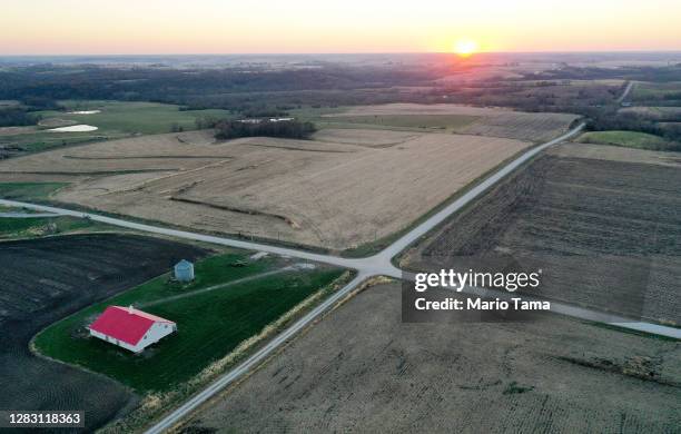 An aerial view of mostly harvested farmland at sunset in the final days of the 2020 presidential election on October 30, 2020 in Lacona, Iowa....