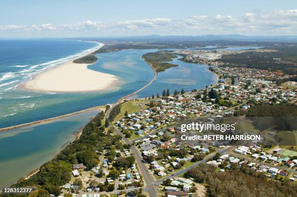 aerial view of harrington, nsw, australia - town stock pictures, royalty-free photos & images