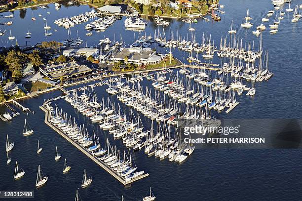 aerial view of royal prince alfred yacht club, sydney, nsw, australia - yacht club stock-fotos und bilder