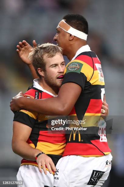 Xavier Roe of Waikato celebrates his try with Samipeni Finau during the round 8 Mitre 10 Cup match between Auckland and Waikato at Eden Park on...