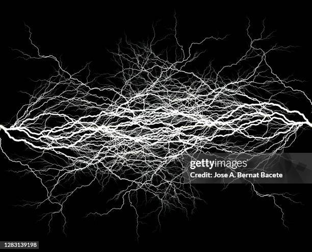 energy, lightnings on black background. - danger background stock pictures, royalty-free photos & images