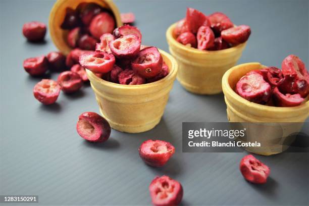 dried cranberries in cones on gray background - クランベリー ス��トックフォトと画像