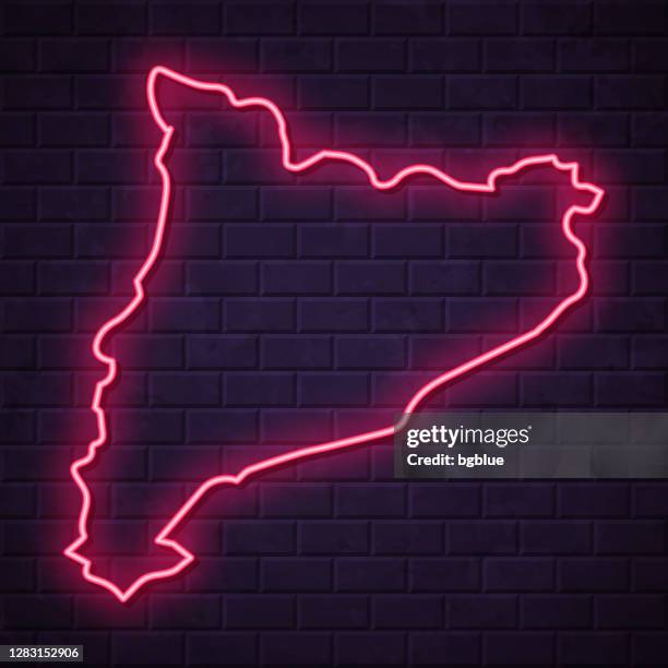 catalonia map - glowing neon sign on brick wall background - barcelona map vector stock illustrations