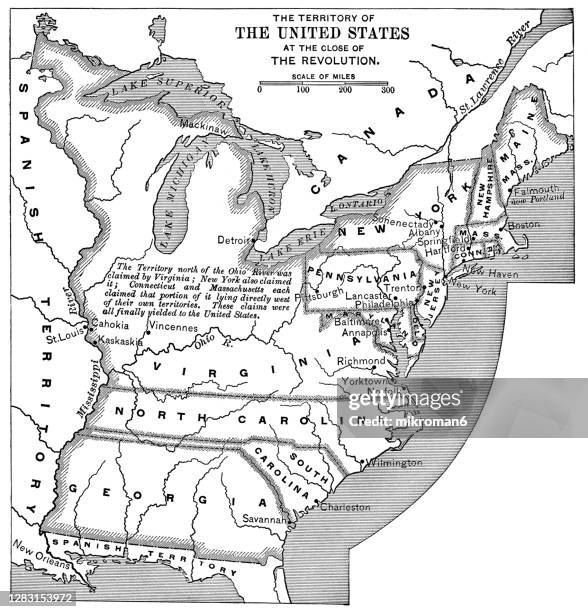 old map of territory of united states at the close of the revolution - new york new jersey map stock pictures, royalty-free photos & images