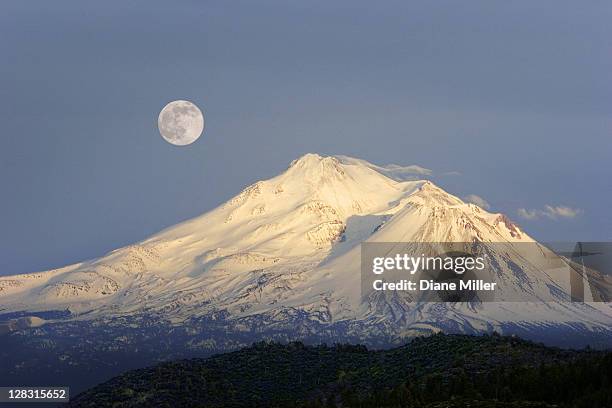 winter view of mt. shasta, in northern ca, with full moon rising. - mt shasta fotografías e imágenes de stock