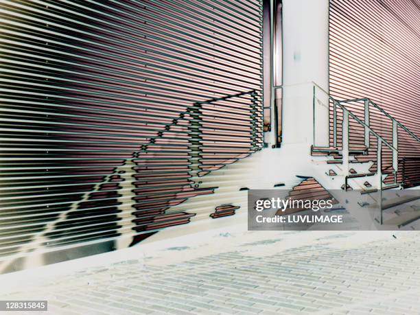 modern iron shed or factory building with stairs and sharp shadow. architecture, entrance, doorway, stair - modern garden shed stockfoto's en -beelden