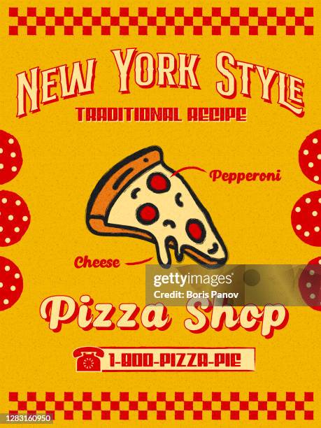 bright hand drawn pizzeria promo flyer or poster with slice of pepperoni pizza icon in yellow and red retro style textured grain paper background - pizzeria stock illustrations