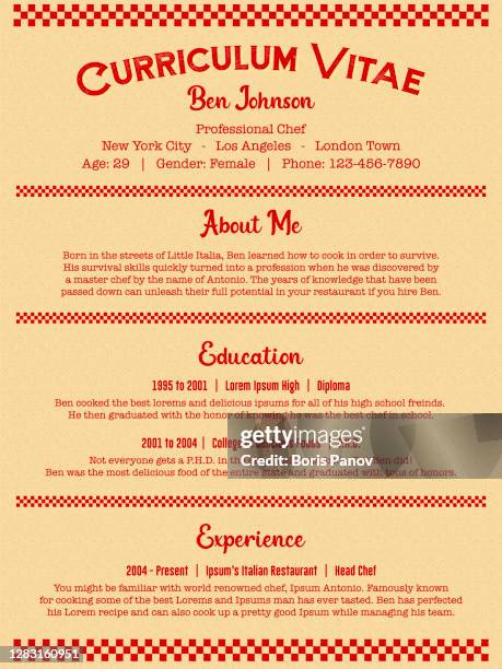 ilustrações, clipart, desenhos animados e ícones de red chef ou cook job resume ou curriculum vitae template em clean retro diner menu style - tecnica grunge