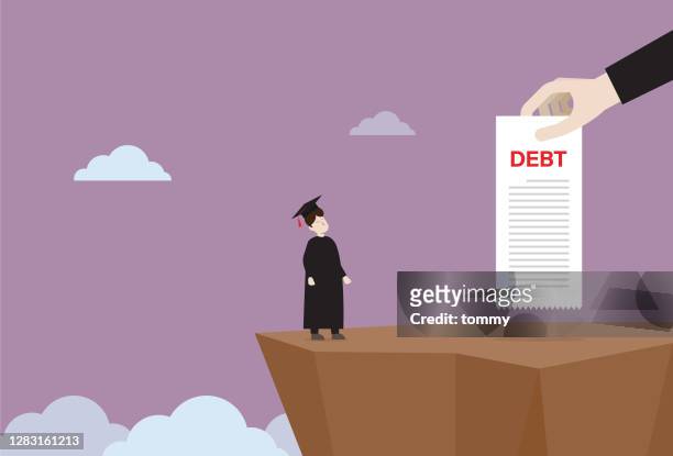 a graduate student stands on a cliff with a student debt bill - summer job stock illustrations