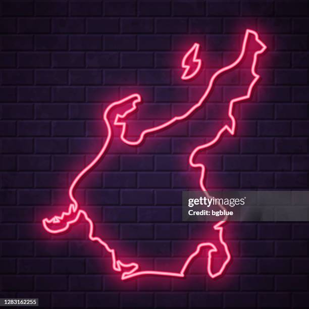 chubu map - glowing neon sign on brick wall background - japan billboard stock illustrations
