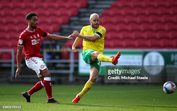 Teemu Pukki of Norwich City scores his team's first goal during the Sky Bet Championship match between Bristol City and Norwich City at Ashton Gate...