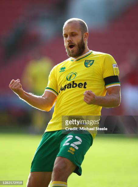 Teemu Pukki of Norwich City celebrates after scoring his team's second goal during the Sky Bet Championship match between Bristol City and Norwich...
