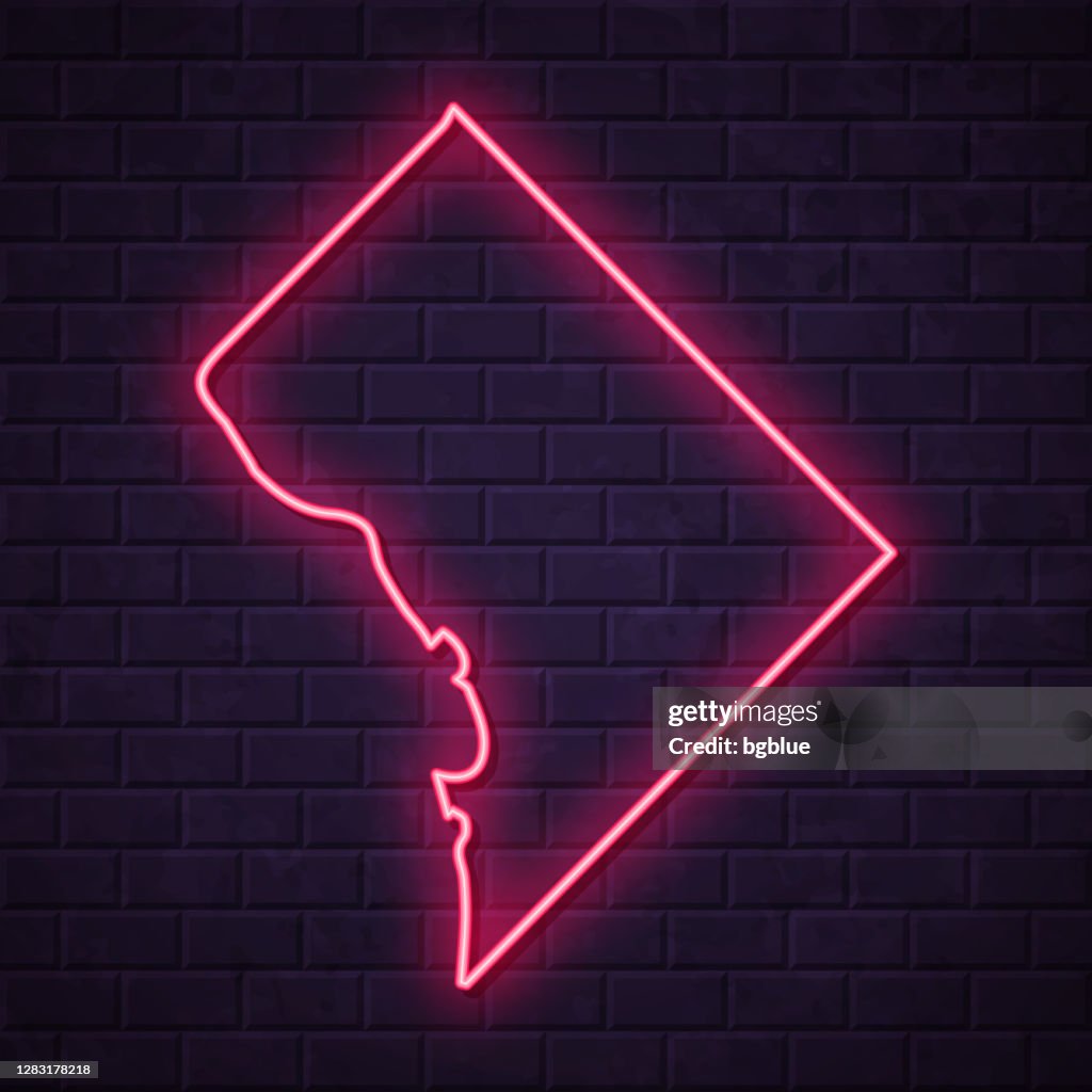 Mapa del Distrito de Columbia - Signo de neón brillante en el fondo de la pared de ladrillo