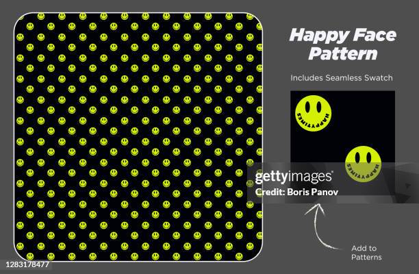 bright neon yellow emoji smiley face seamless pattern on black background texture for fashion textile printing or birthday wrapping paper - smiley face emoticon stock illustrations