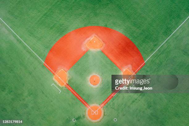 aerial view of empty baseball field - home base ストックフォトと画像