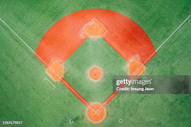 aerial view of empty baseball field - baseball grass stock pictures, royalty-free photos & images