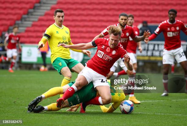 Tomas Kalas of Bristol City is fouled by Jacob Sorensen of Norwich City, leading to Bristol City being awarded a penalty during the Sky Bet...