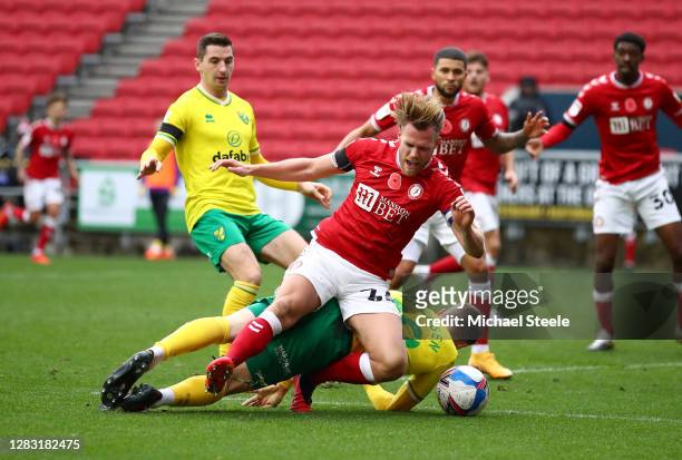 Tomas Kalas of Bristol City is fouled by Jacob Sorensen of Norwich City, leading to Bristol City being awarded a penalty during the Sky Bet...