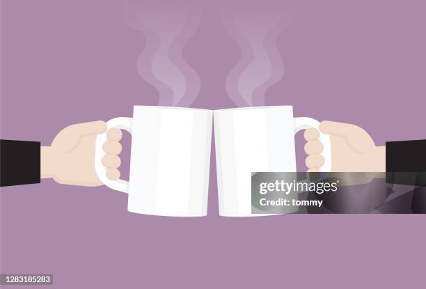 businessman clink a coffee cup - coffee meeting with friends stock illustrations