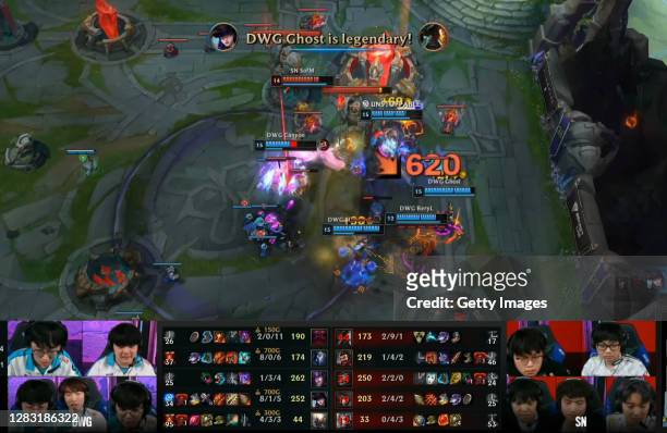 In this screenshot, DAMWON Gaming complete the winning plays for overall victory over Suning in the League of Legends 2020 Worlds Finals at...