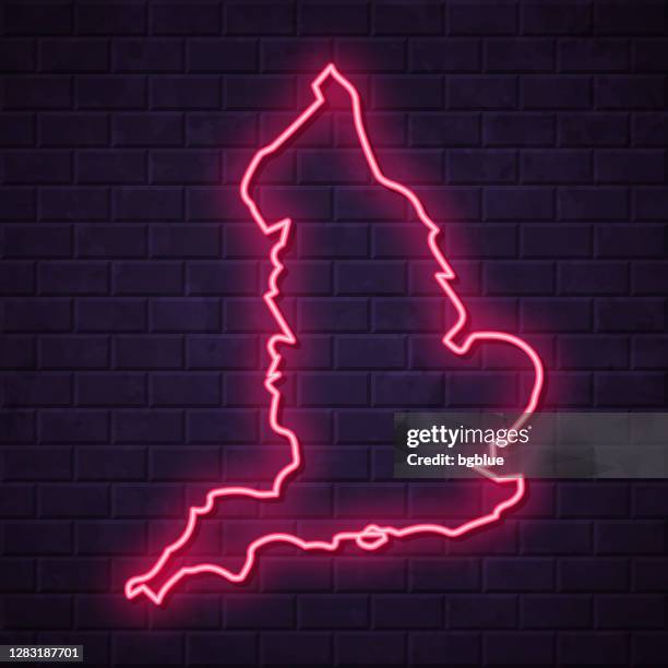 england map - glowing neon sign on brick wall background - billboard uk stock illustrations