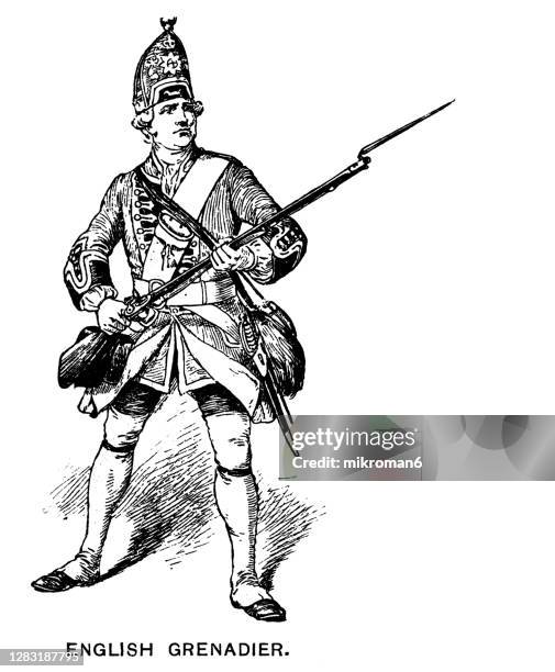 antique illustration of british grenadier soldier, american revolutionary war - american revolution soldier - fotografias e filmes do acervo