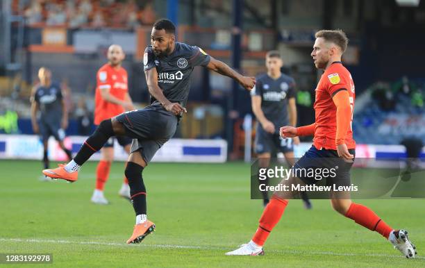 Rico Henry of Brentford scores a goal during the Sky Bet Championship match between Luton Town and Brentford at Kenilworth Road on October 31, 2020...