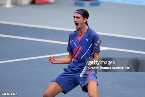 Lorenzo Sonego of Italy celebrates winning his semi final match against Daniel Evans of Great Britain on day eight of the Erste Bank Open tennis...