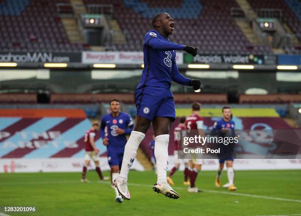 Kurt Zouma of Chelsea celebrates after scoring his team's second goal during the Premier League match between Burnley and Chelsea at Turf Moor on...