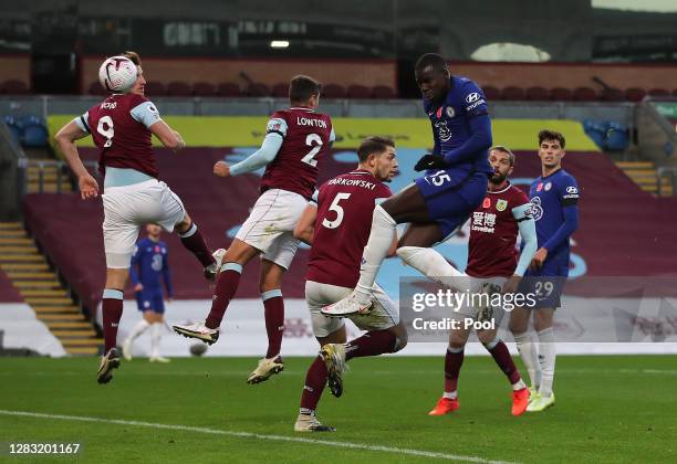 Kurt Zouma of Chelsea scores his team's second goal during the Premier League match between Burnley and Chelsea at Turf Moor on October 31, 2020 in...