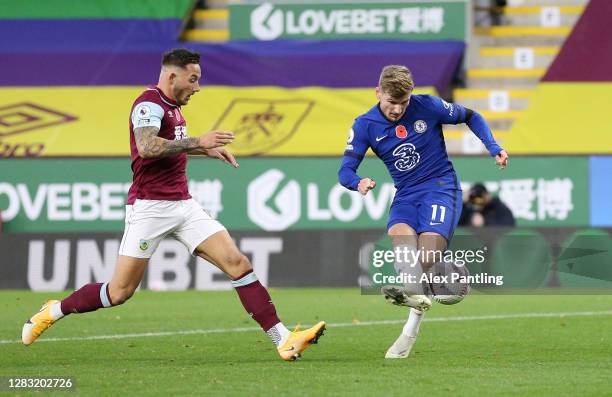 Timo Werner of Chelsea scores his team's third goal during the Premier League match between Burnley and Chelsea at Turf Moor on October 31, 2020 in...