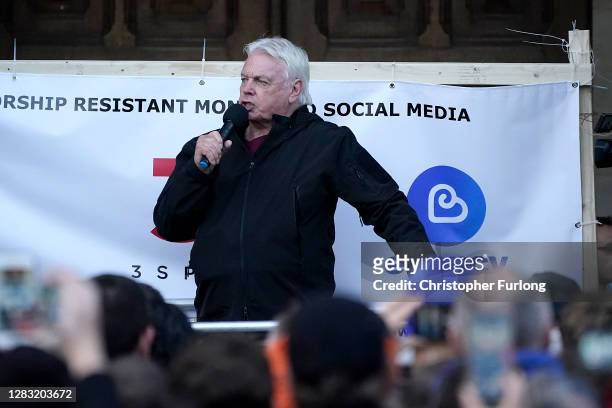 British conspiracy theorist, David Icke speaks during an anti-lockdown protest in Victoria Square on October 31, 2020 in Birmingham, United Kingdom....