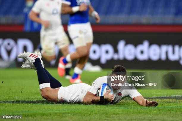 Ben Youngs of England makes a break to score his sides second try during the 2020 Guinness Six Nations match between Italy and England at Olimpico...