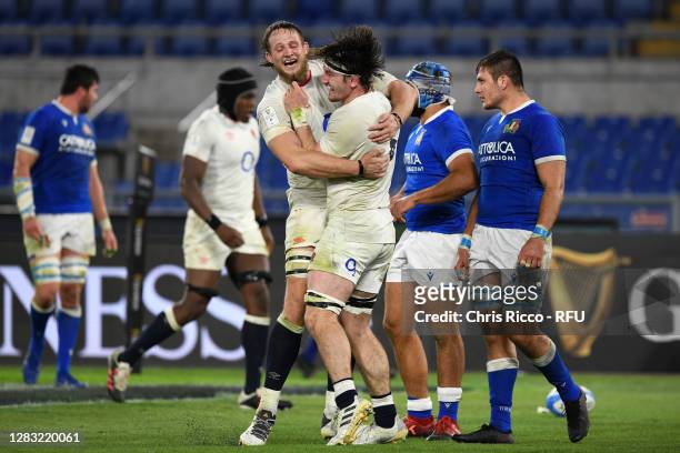 Tom Curry of England celebrates with Jonny Hill of England after scoring his sides fourth try during the 2020 Guinness Six Nations match between...