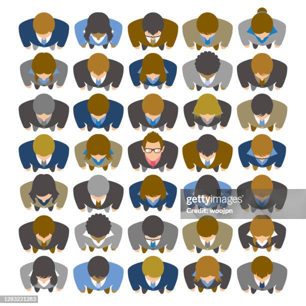 high angle view of businessman looking up and standing in large group of business people - looking down stock illustrations