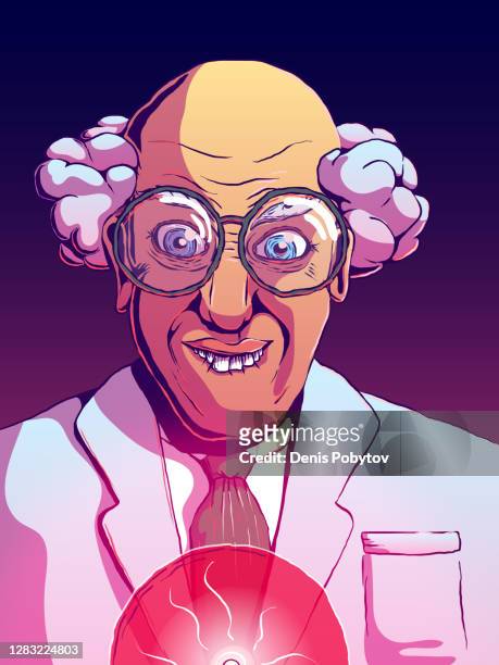 hand-drawn funny cartoon illustration - mad scientist. - scientist portrait stock illustrations