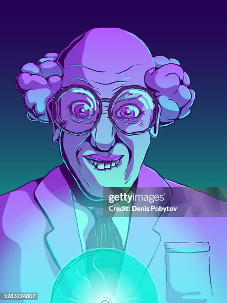 hand-drawn funny cartoon illustration - mad scientist. - mad scientist stock illustrations