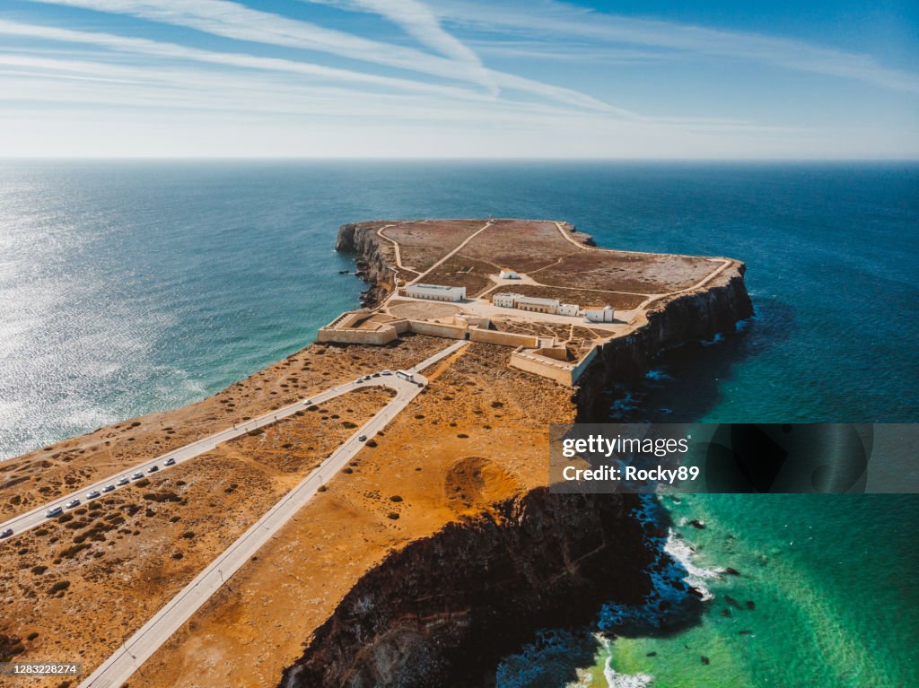 Amazing Drone Shot of Sagres Fortress and Church of Our Lady of Grace, Portugal