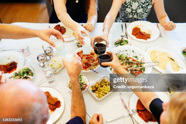 close up of friends having fun and toasting and celebrating with turkish rakı - ouzo stock pictures, royalty-free photos & images