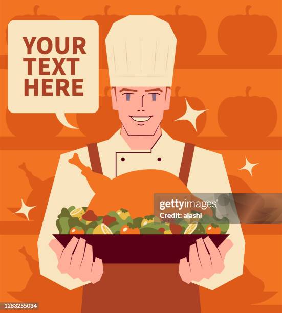 smiling handsome chef serving traditional thanksgiving turkey dinner - eating grilled chicken stock illustrations