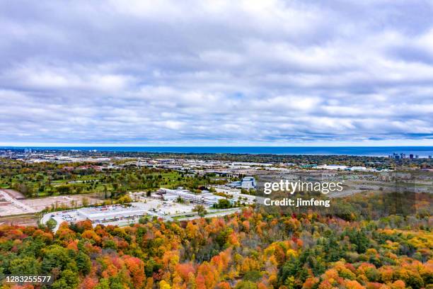 aerial bronte creek provinciaal park in de herfst, oakville, canada - oakville ontario stockfoto's en -beelden