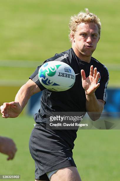 Lewis Moody of England passes the ball during an England IRB Rugby World Cup 2011 Captain's Run at Onewa Domain on October 7, 2011 in Takapuna, New...