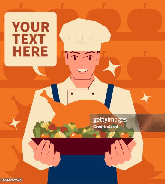smiling handsome chef serving traditional thanksgiving turkey dinner - eating grilled chicken stock illustrations