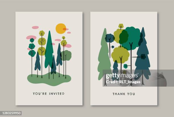 greeting card design template with retro summer forest illustration - pine tree white background stock illustrations