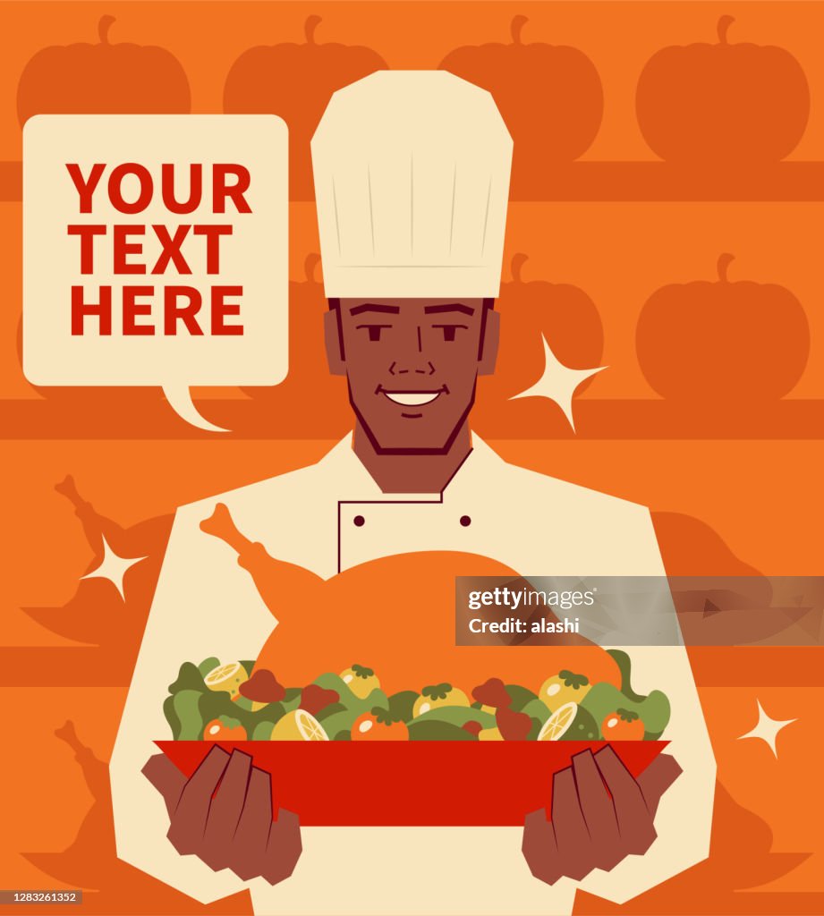 Smiling handsome chef serving traditional Thanksgiving turkey dinner (roast chicken)