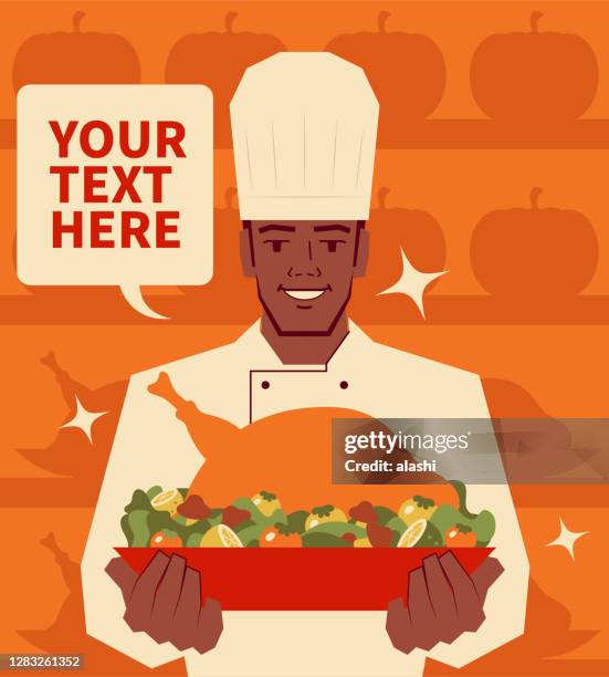 smiling handsome chef serving traditional thanksgiving turkey dinner (roast chicken) - eating grilled chicken stock illustrations